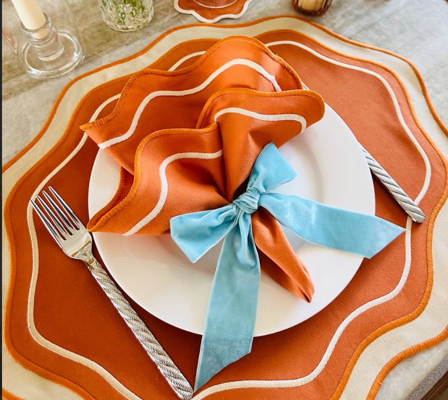 Rond de serviette noeud en velour bleu turquoise